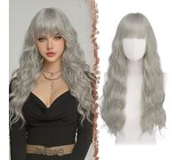 FESHFEN Grey Wig with Bangs for Women, 26 Inch Long Wavy Natural Looking Synthetic Hair Curly Wigs for Party Costume Cosplay Daily Use
