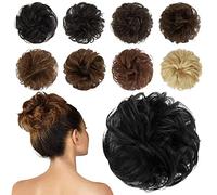 FESHFEN Human Hair Messy Buns, 100% Human Hair Bun Hair Piece Real Hair Extension Wavy Curly Hair Scrunchies Tousled Updo Chignon Hairpieces for Women Girls, Black