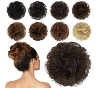 FESHFEN Human Hair Messy Buns, 100% Human Hair Bun Hair Piece Real Hair Extension Wavy Curly Hair Scrunchies Tousled Updo Chignon Hairpieces for Women Girls, Brown