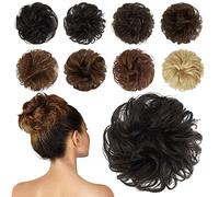 FESHFEN Human Hair Messy Buns, 100% Human Hair Bun Hair Piece Real Hair Extension Wavy Curly Hair Scrunchies Tousled Updo Chignon Hairpieces for Women Girls, Dark Brown