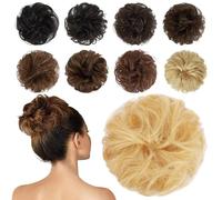 FESHFEN Human Hair Messy Buns, 100% Human Hair Bun Hair Piece Real Hair Extension Wavy Curly Hair Scrunchies Tousled Updo Chignon Hairpieces for Women Girls, Mixed Blonde