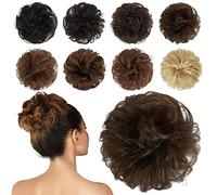 FESHFEN Human Hair Messy Buns, 100% Human Hair Bun Hair Piece Real Hair Extension Wavy Curly Hair Scrunchies Tousled Updo Chignon Hairpieces for Women Girls, Medium Chestnut Brown
