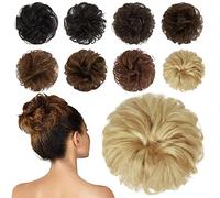 FESHFEN Human Hair Messy Buns, 100% Human Hair Bun Hair Piece Real Hair Extension Wavy Curly Hair Scrunchies Tousled Updo Chignon Hairpieces for Women Girls, Light Blonde