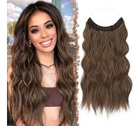 FESHFEN Invisible Wire Hair Extensions, 18 Inch Brown Transparent Wire Secret Extension with Clips Adjustable Size Synthetic Hair Piece Long Wavy Hairpieces for Women
