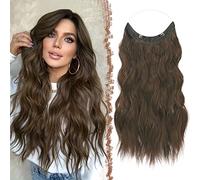 FESHFEN Invisible Wire Hair Extensions, 18 Inch Chestnut Brown Transparent Wire Secret Extension with Clips Adjustable Size Synthetic Hair Piece Long Wavy Hairpieces for Women