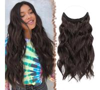 FESHFEN Invisible Wire Hair Extensions, 18 Inch Chocolate Brown Mixed Dark Brown Transparent Wire Secret Extension with Clips Adjustable Size Synthetic Hair Piece Long Wavy Hairpieces for Women