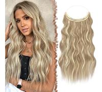 FESHFEN Invisible Wire Hair Extensions, 18 Inch Dark Ash Blonde Mixed Bleach Blonde Transparent Wire Secret Extension with Clips Adjustable Size Synthetic Hair Piece Long Wavy Hairpieces for Women