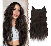 FESHFEN Invisible Wire Hair Extensions, 18 Inch Dark Brown Transparent Wire Secret Extension with Clips Adjustable Size Synthetic Hair Piece Long Wavy Hairpieces for Women