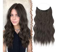 FESHFEN Invisible Wire Hair Extensions, 20 Inch Black Brown Transparent Wire Secret Extension with Clips Adjustable Size Synthetic Hair Piece Long Wavy Hairpieces for Women