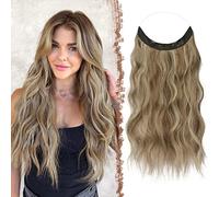 FESHFEN Invisible Wire Hair Extensions, 20 Inch Caramel Brown Mixed Ash Blonde Transparent Wire Secret Extension with Clips Adjustable Size Synthetic Hair Piece Long Wavy Hairpieces for Women