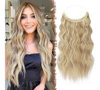 FESHFEN Invisible Wire Hair Extensions, 20 Inch Dark Golden Mix Beige Blonde Transparent Wire Secret Extension with Clips Adjustable Size Synthetic Hair Piece Long Wavy Hairpieces for Women