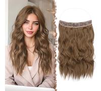FESHFEN Invisible Wire Hair Extensions, 20 Inch Golden Brown Transparent Wire Secret Extension with Clips Adjustable Size Synthetic Hair Piece Long Wavy Hairpieces for Women