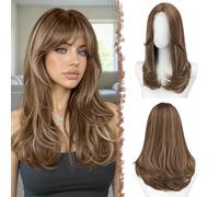 FESHFEN Lace Front Brown Mixed Blonde Wigs with Bangs for Women, Synthetic Natural Looking Long Layered Straight Hair Wig for Daily Party Use 18 inch