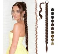 FESHFEN Long Braided Ponytail Extension with Hair Tie, 26 inch Reddish Brown Straight Wrap Around Hair Piece Ponytails for Women Synthetic Pony Hairpieces for Daily Wear