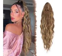 FESHFEN Long Curly Wavy Drawstring Ponytail Extensions Clip in Wavy Synthetic Hairpieces Light Brown & Blonde Drawstring Ponytail Curly Hair Piece Pony Tail Extension for Women, 26 inch