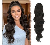 FESHFEN Long Ponytail Extension Curly Wavy Clip in Synthetic Hairpieces Drawstring Ponytail Pony Tail Hairpiece Hair Pony Extension for Women Girls, 24 inch Natural Black