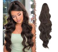 FESHFEN Long Ponytail Extension Curly Wavy Clip in Synthetic Hairpieces Drawstring Ponytail Pony Tail Hairpiece Hair Pony Extension for Women Girls, 24 inch Medium Chestnut Brown