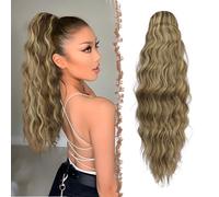FESHFEN Long Ponytail Extensions, Curly Wavy Pony Tail Extension with Comb Synthetic Ponytails Hair Piece Ponytail Hairpieces for Women, 24 inch Light Brown & Blonde