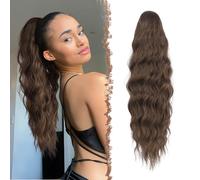 FESHFEN Long Ponytail Extensions, Mixed Brown Curly Wavy Pony Tail Extension with Comb Synthetic Ponytails Hair Piece Ponytail Hairpieces for Women, 24 inch