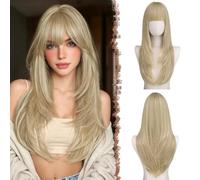 FESHFEN Long Straight Sleek Layered Dirty Blonde Wigs with Bangs for Women | Long Layer Hair Wig Synthetic Soft Natural Heat Resistant 24 inch for Carnival Costume Daily Weddings Party Use