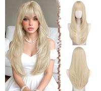 FESHFEN Long Straight Sleek Layered Light Blonde Wigs with Bangs for Women | Long Layer Hair Wig Synthetic Soft Natural Heat Resistant 24 inch for Carnival Costume Daily Weddings Party Use