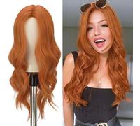 FESHFEN Long Wavy Orange Wigs for Women, 22 Inch Middle Parting Natural Looking Synthetic Hair Fashion Curly Wig for Party Cosplay Daily Use Auburn