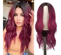 FESHFEN Long Wavy Wine Red Wigs for Women 22 inch Black to Burgundy Body Wavy Full Wig Middle Parting Wigs Natural Looking Synthetic Wig for Daily Cosplay