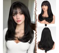 FESHFEN Long Wigs with Bangs, Synthetic Natural Looking Layered Straight Hair Wig for Women Daily Party Use 18 inch, Natural Black