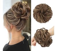 FESHFEN Messy Bun Hair Piece Hairs Scrunchies Thick Curly Wavy Pony Tail Synthetic Accessories Donut Updo Hairpieces for Women Girls 55g, Light Ash Brown Mixed Golden Brown
