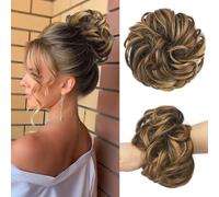 FESHFEN Messy Bun Hair Piece Hairs Scrunchies Thick Curly Wavy Pony Tail Synthetic Accessories Donut Updo Hairpieces for Women Girls 55g, Brown Highlighted Caramel Blonde