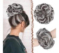 FESHFEN Messy Bun Hair Piece Hairs Scrunchies Thick Curly Wavy Pony Tail Synthetic Accessories Donut Updo Hairpieces for Women Girls 55g, Brown mix Gray