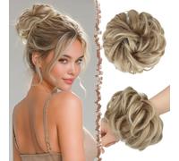 FESHFEN Messy Bun Hair Piece Hairs Scrunchies Thick Curly Wavy Pony Tail Synthetic Accessories Donut Updo Hairpieces for Women Girls 55g, Mixed Blonde and Ash Blonde Tips