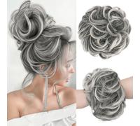 FESHFEN Messy Bun Hair Piece Hairs Scrunchies Thick Curly Wavy Pony Tail Synthetic Accessories Donut Updo Hairpieces for Women Girls 55g, Black Gray and White