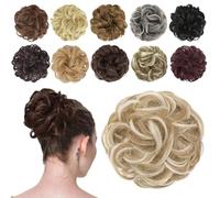 FESHFEN Messy Bun Hair Pieces - Wavy Curly Elastic Hair Bun Scrunchies Ponytail Extensions Synthetic Accessories Chignon Hairpieces for Women, Light Ash Brown & Bleach Blonde 42 g