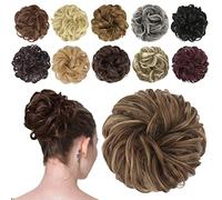 FESHFEN Messy Bun Hair Pieces - Wavy Curly Elastic Hair Bun Scrunchies Ponytail Extensions Synthetic Accessories Chignon Hairpieces for Women, Light Ash Brown Mixed Golden Brown 42 g