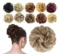 FESHFEN Messy Bun Hair Pieces - Wavy Curly Elastic Hair Bun Scrunchies Ponytail Extensions Synthetic Chignon Hairpieces for Women, Mixed Blonde and Ash Blonde Tips 42 g