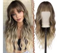 FESHFEN Ombre Blonde Mix Brown Wig with Bangs for Women, 26 Inch Long Wavy Natural Looking Synthetic Hair Curly Wigs for Party Costume Cosplay Daily Use