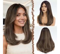 FESHFEN Ombre Brown Blonde Wigs with Bangs for Women, Synthetic Natural Looking Long Layered Straight Hair Wig for Daily Party Use 18 inch