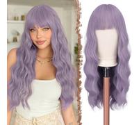 FESHFEN Ombre Purple Wig with Bangs for Women, 26 Inch Long Wavy Natural Looking Synthetic Hair Curly Wigs for Party Costume Cosplay Daily Use