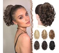 FESHFEN Ponytail Extensions, Claw Clip Ponytails Extension Curly Wavy Hair Piece Synthetic Pony Tail Hairpieces for Women, Brown & Light Auburn Mixed 10 inch