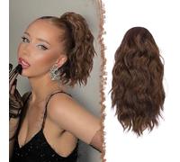 FESHFEN Ponytail Extensions, Drawstring Ponytails Hair Extension Brown & Light Auburn Mixed Long Curly Wavy Hair Piece Synthetic Pony Tail Hairpieces for Women, 12 inch