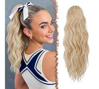 FESHFEN Ponytail Extensions, Drawstring Ponytails Hair Extension Honey Blonde Mix Platinum Blonde Long Curly Wavy Hair Piece Synthetic Pony Tail Hairpieces for Women, 18 inch