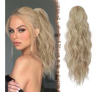 FESHFEN Ponytail Extensions, Drawstring Ponytails Hair Extension Light Ash Brown & Bleach Blonde Long Curly Wavy Hair Piece Synthetic Pony Tail Hairpieces for Women, 18 inch