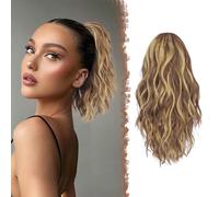FESHFEN Ponytail Extensions, Drawstring Ponytails Hair Extension Light Brown & Blonde Long Curly Wavy Hair Piece Synthetic Pony Tail Hairpieces for Women, 12 inch