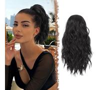 FESHFEN Ponytail Extensions, Drawstring Ponytails Hair Extension Natural Black Long Curly Wavy Hair Piece Synthetic Black Pony Tail Hairpieces for Women, 12 inch