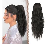 FESHFEN Ponytail Extensions, Drawstring Ponytails Hair Extension Natural Black Long Curly Wavy Hair Piece Synthetic Black Pony Tail Hairpieces for Women, 18 inch