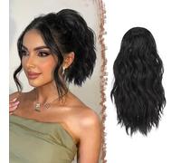 FESHFEN Ponytail Extensions, Drawstring Ponytails Hair Extension Off Black Long Curly Wavy Hair Piece Synthetic Pony Tail Hairpieces for Women, 12 inch