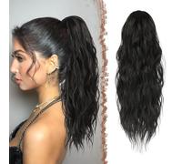 FESHFEN Ponytail Extensions, Drawstring Ponytails Hair Extension Off Black Long Curly Wavy Hair Piece Synthetic Pony Tail Hairpieces for Women, 18 inch