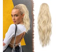 FESHFEN Ponytail Extensions, Drawstring Ponytails Hair Extension Platinum Blonde Long Curly Wavy Hair Piece Synthetic Pony Tail Hairpieces for Women, 18 inch