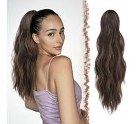 FESHFEN Ponytail Extensions, Long Claw Clip in Ponytail Hairpiece Synthetic Black Brown Mixed Light Brown Pony Tails Hair Piece Ponytail with Claw Clip Natural Wavy Hairpieces for Women, 20 inch